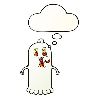 yanan gözleri ve pürüzsüz gra düşünce balonu ile karikatür hayalet