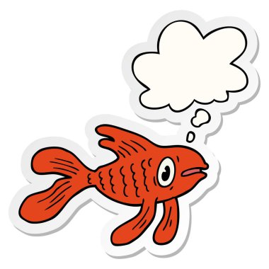 karikatür balık ve baskılı bir etiket olarak kabarcık düşünce
