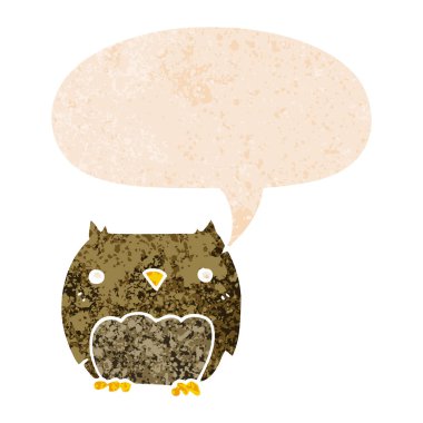 retro dokulu tarzı sevimli karikatür baykuş ve konuşma balonu