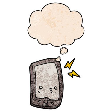 karikatür cep telefonu ve grunge doku patter düşünce balonu