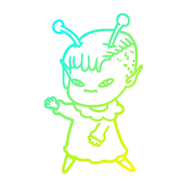 Cold gradient line drawing cute cartoon alien girl — стоковый вектор