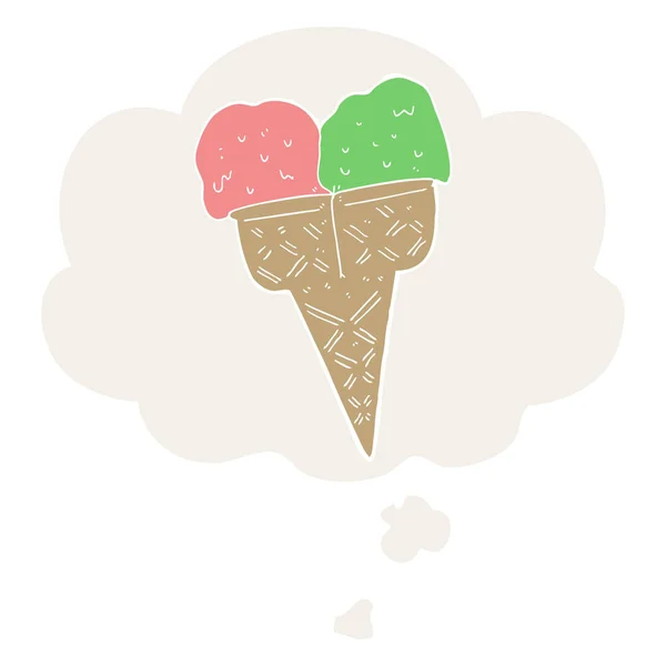 Crème glacée dessin animé et bulle de pensée dans un style rétro — Image vectorielle