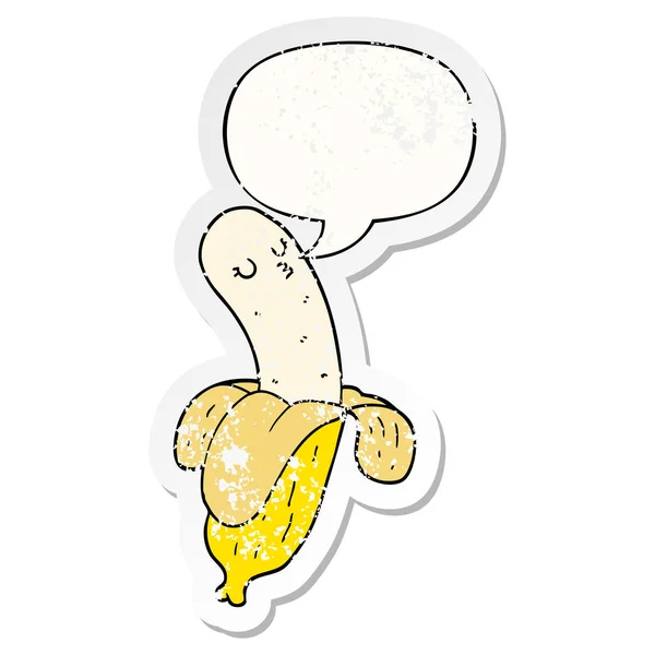 Karikatür muz ve konuşma balonu sıkıntılı etiket — Stok Vektör