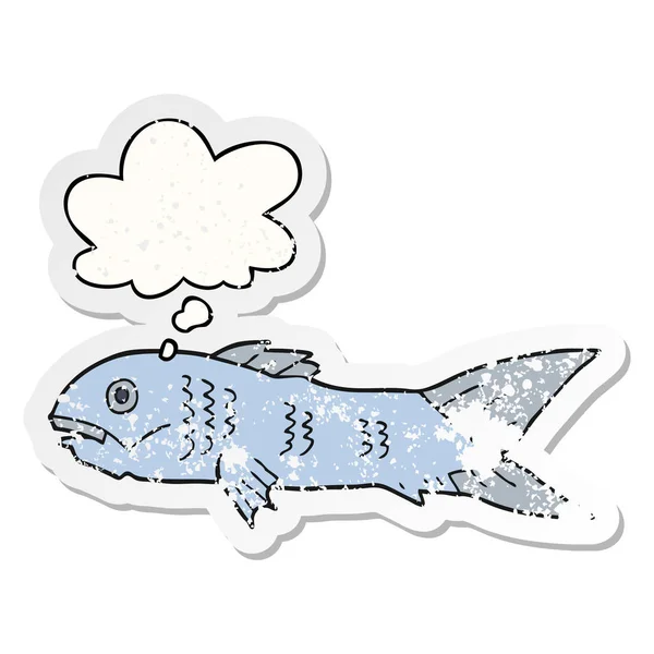 Cartoon fish and thought bubble as a distressed worn sticker — Stock Vector