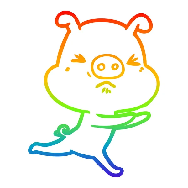 Rainbow gradient line drawing cartoon annoyed pig running — Stock Vector