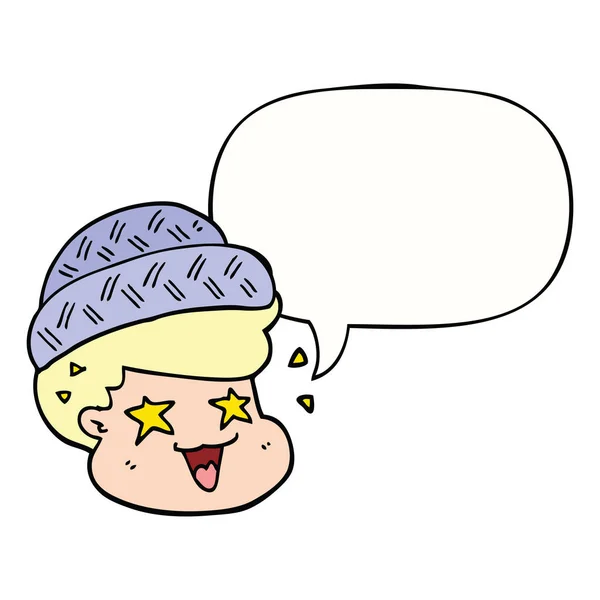 帽子とスピーチバブルを身に着けている漫画の少年 — ストックベクタ