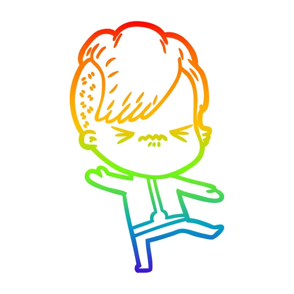 Rainbow gradient line drawing cartoon annoyed hipster girl weari — Stock Vector