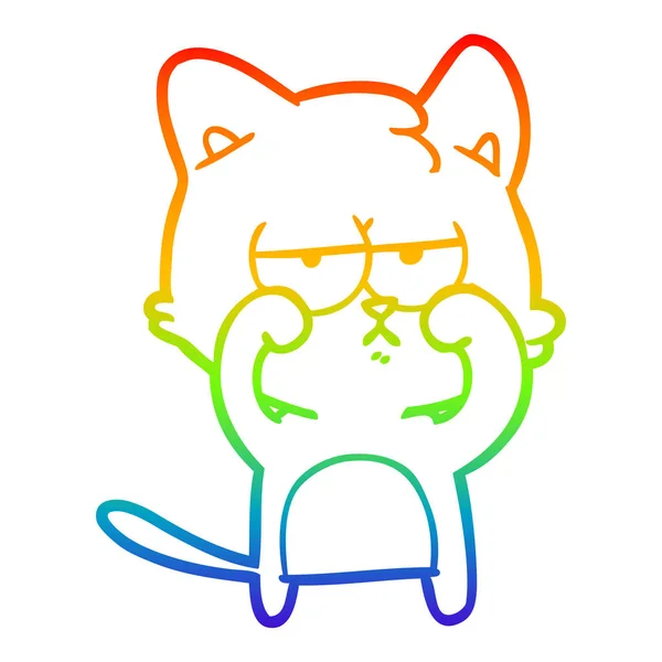 Arco iris gradiente línea dibujo cansado dibujos animados gato frotando ojos — Vector de stock