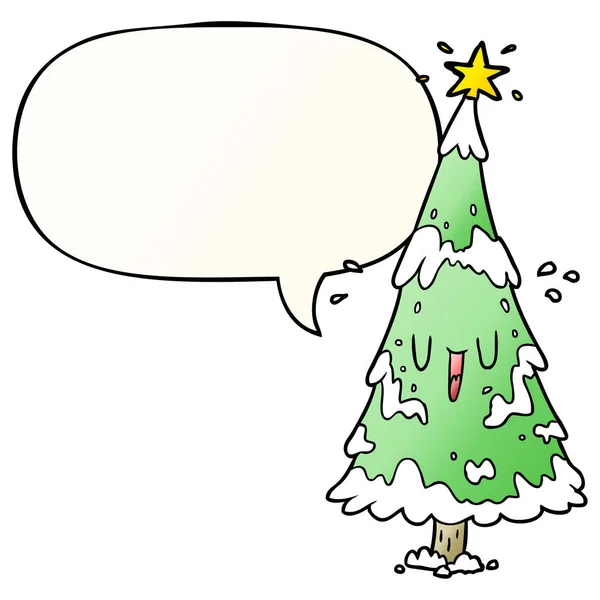 Árbol de Navidad nevado de dibujos animados y cara feliz y burbuja de habla en — Archivo Imágenes Vectoriales