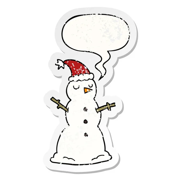 Cartoon snowman and speech bubble distressed sticker — Stock Vector