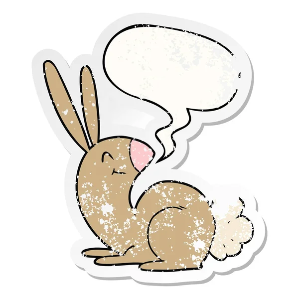 Mignon dessin animé lapin et parole bulle affligé autocollant — Image vectorielle