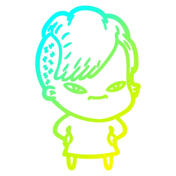 Froid dégradé ligne dessin mignon dessin animé fille avec hipster haircu — Image vectorielle