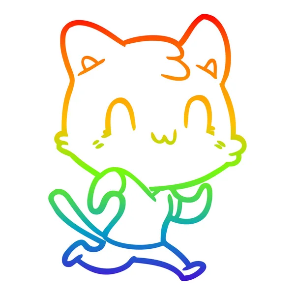 Arco iris gradiente línea dibujo dibujos animados feliz gato corriendo — Vector de stock