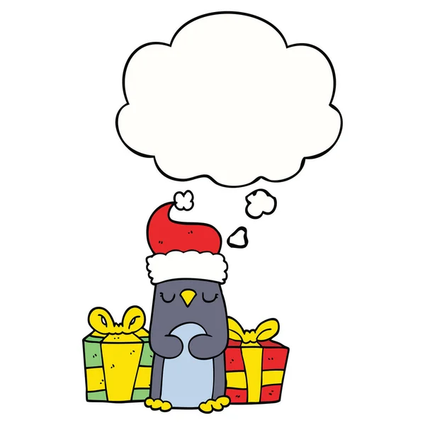 Niedlicher Weihnachtspinguin und Gedankenblase — Stockvektor