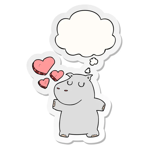 Cartoon Hippo in liefde en dacht Bubble als een gedrukte sticker — Stockvector