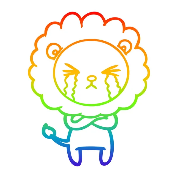 Rainbow gradient linje ritning tecknad gråtande lejon med korsade en — Stock vektor