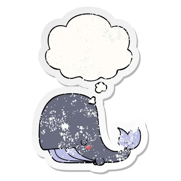 Мультяшний кит і думала бульбашка як засмучена наклейка — стоковий вектор