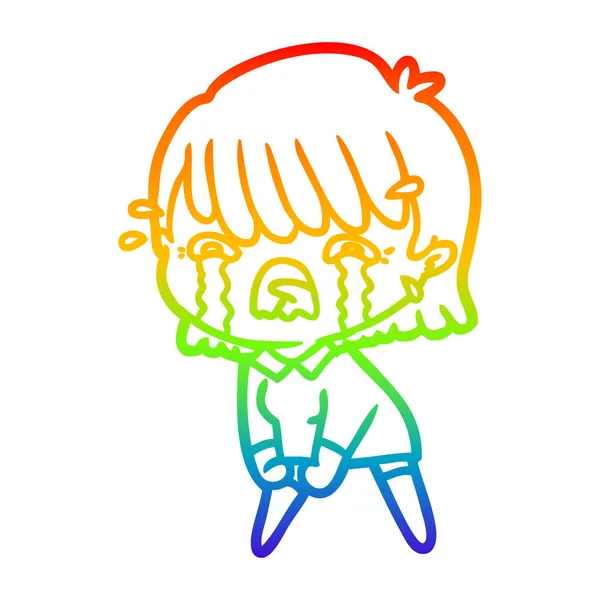 Rainbow gradient line drawing cartoon girl crying — Stock Vector