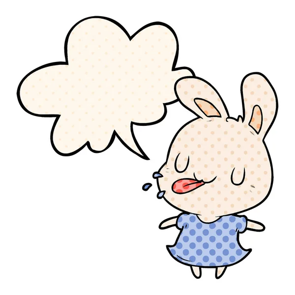 Bonito cartoon coelho soprando framboesa e fala bolha em quadrinhos — Vetor de Stock
