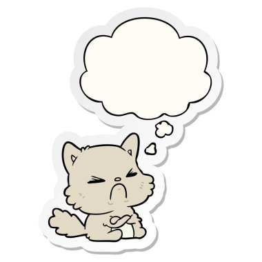 karikatür kızgın kedi ve baskılı bir etiket olarak kabarcık düşünce