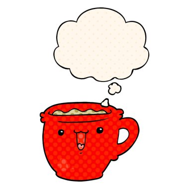 sevimli karikatür kahve fincanı ve çizgi roman tarzında düşünce balonu