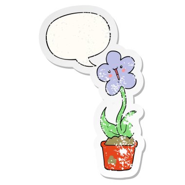 sevimli karikatür çiçek ve konuşma balonu sıkıntılı etiket