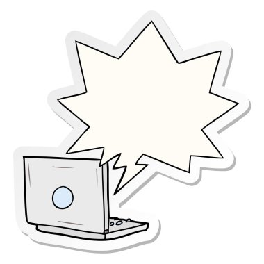 karikatür dizüstü bilgisayar ve konuşma kabarcık etiket