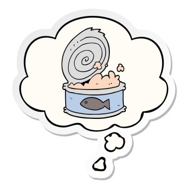 karikatür konserve gıda ve baskılı bir etiket olarak kabarcık düşünce