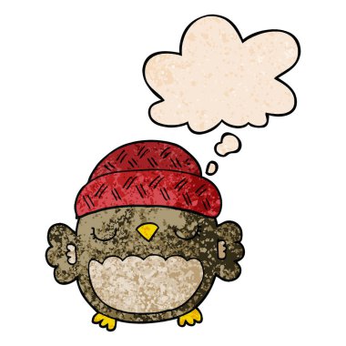 şapka sevimli karikatür baykuş ve grunge doku pat düşünce balonu