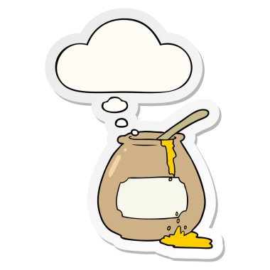 karikatür bal pot ve baskılı bir etiket olarak kabarcık düşünce