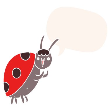 retro tarzı sevimli karikatür uğur böceği ve konuşma balonu