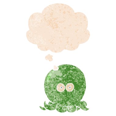 retro dokulu tarzı karikatür ahtapot ve düşünce balonu