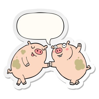 karikatür domuz dans ve konuşma kabarcık etiket