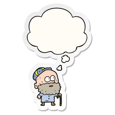 baston ve baskı olarak kabarcık düşünce ile karikatür yaşlı adam