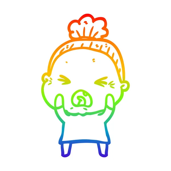 Rainbow gradient linje ritning tecknad arg gammal kvinna — Stock vektor