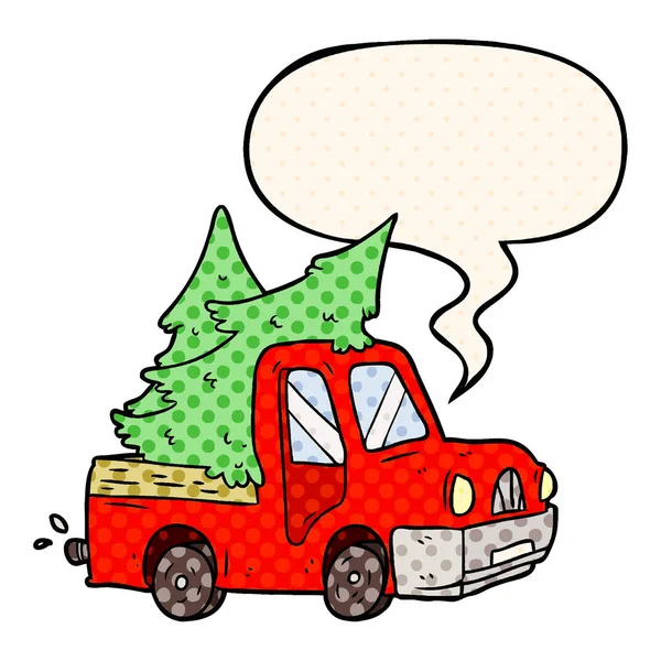Мультяшна вантажівка з різдвяними ялинками та мовною бульбашкою — стоковий вектор