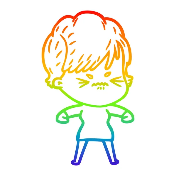 Linea gradiente arcobaleno disegno cartone animato donna frustrato — Vettoriale Stock