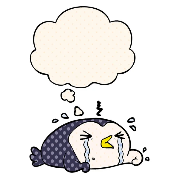 Cartoon crying penguin and thought bubble in comic book style — Stock Vector