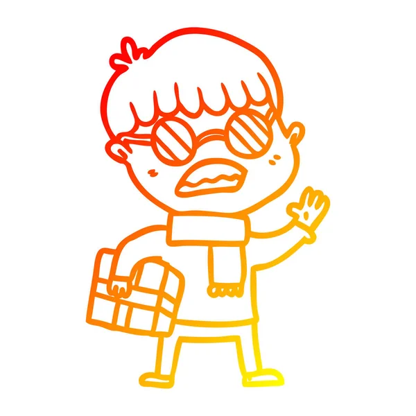 Warme kleurovergang lijntekening cartoon jongen Holding gift en dragen — Stockvector