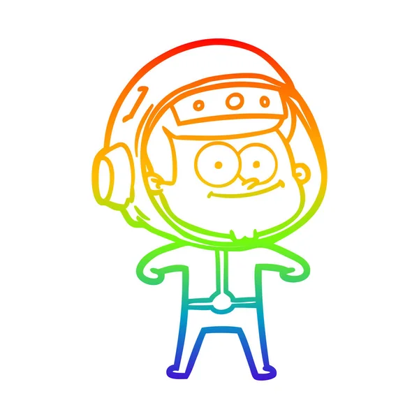 虹のグラデーションラインは幸せな宇宙飛行士の漫画を描く — ストックベクタ