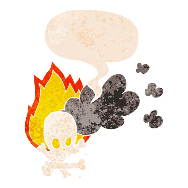 Dessin animé effrayant brûlant os et bulle de parole dans rétro texturé — Image vectorielle