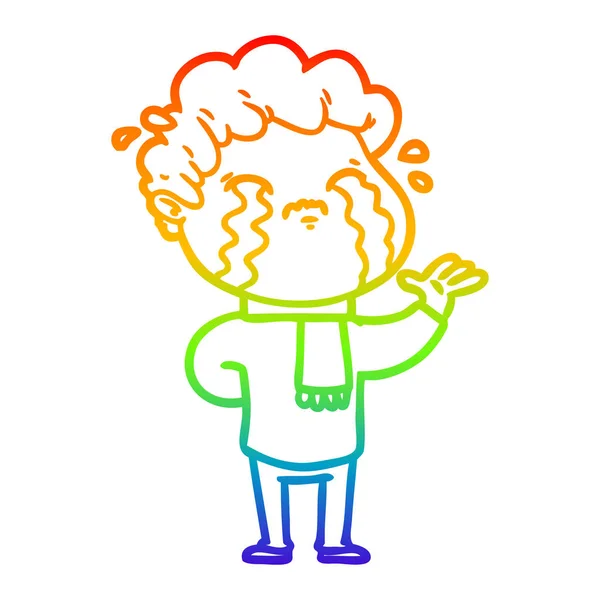 Rainbow gradien line drawing cartoon man crying - Stok Vektor