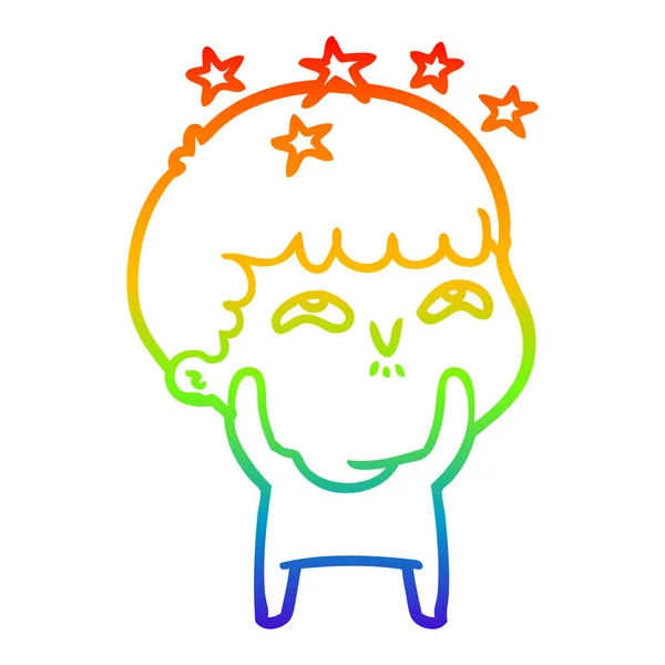 Rainbow gradient linje ritning tecknad förvånad pojke — Stock vektor