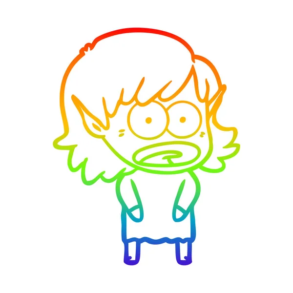 Rainbow gradient line drawing cartoon shocked elf girl — Stock Vector