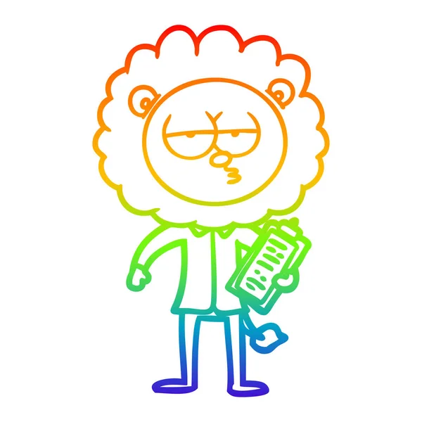 Rainbow gradient line drawing cartoon bored lion manager — Stock Vector