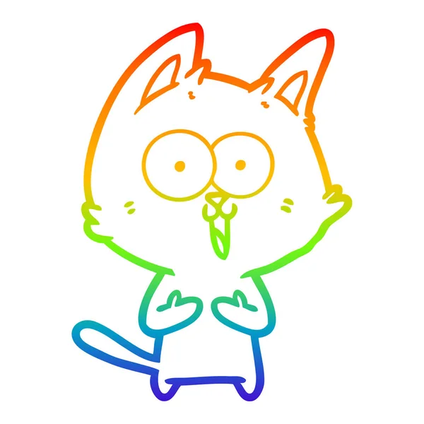 Rainbow gradient line drawing funny cartoon cat — Stock Vector
