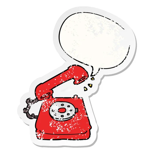 Κινούμενα σχέδια παλιό τηλέφωνο και φούσκα ομιλίας ενοχλημένο αυτοκόλλητο — Διανυσματικό Αρχείο