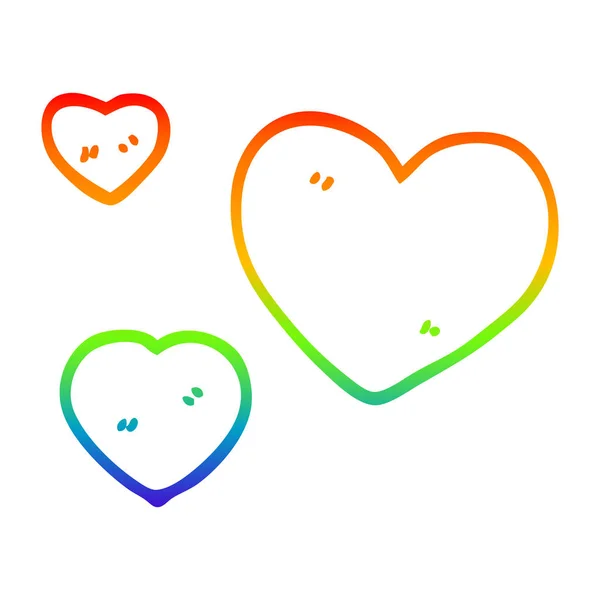 Rainbow gradient linje ritning tecknad kärlek hjärtan — Stock vektor