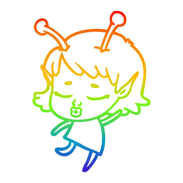 Rainbow gradient ligne dessin mignon alien fille dessin animé — Image vectorielle