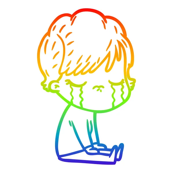 Rainbow gradient linje ritning tecknad kvinna gråter — Stock vektor